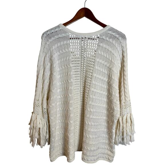 CAbi Fiesta Cream Fringe Sleeve Loose Knit Poncho Style 5803 Medium - Picture 4 of 6
